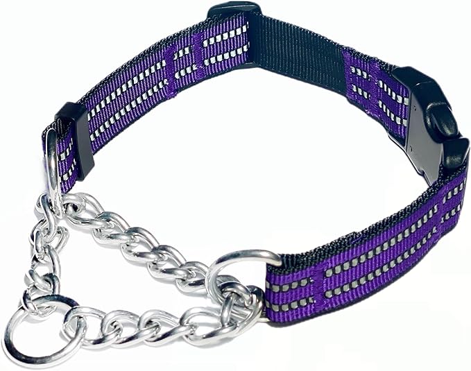 Martingale Collars for Dogs, Heavy Duty Stainless Steel Chain Training Collar, Reflective Nylon Adjustable Collar with Quick Release Buckle, Suitable for Puppy Medium Large Dogs((Purple,S)