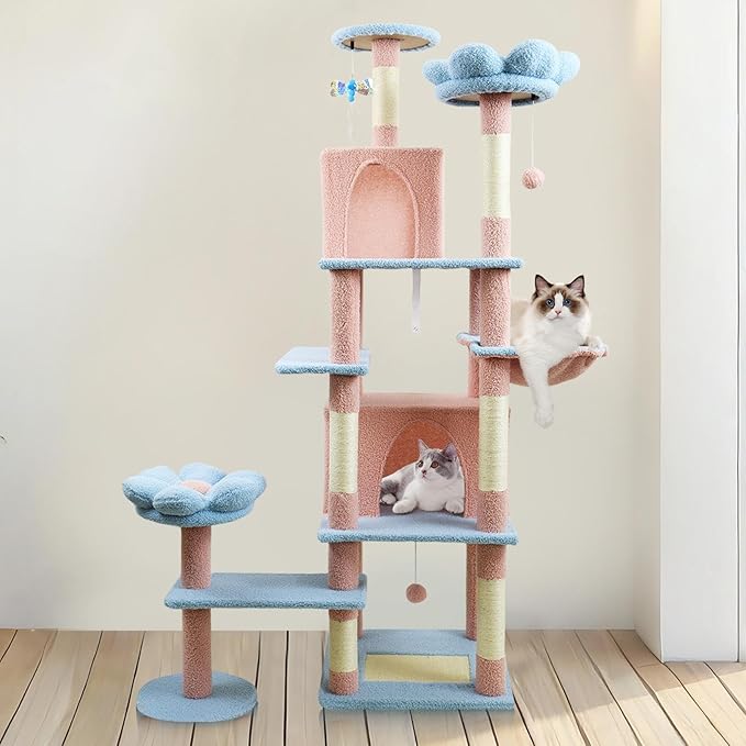 71" Flower Cute Cat Tree for Indoor Cats Large Adult, Tall Cat Tower with Scratching Post & Condo, Hammock, Aesthetic Cats Stand, Modern, Easy Assembly (Blue, 71" Tall)