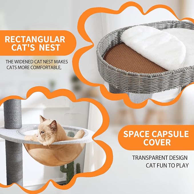 Modern Cat Tree for Indoor Cats, 50'' Multi-Level Cat Tower for Large Adult Cats, Sturdy Heavy Duty Design with 8 Sisal Scratching Posts 1 Board, Semi-Enclosed Condo, Space Capsule Perch