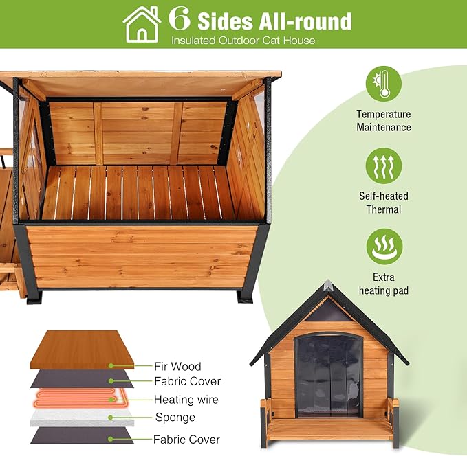 GUTINNEEN Large Heated Dog House Outdoor Insulated Dog Kennel Weatherproof Dog Shelter with Safe Heating Pad, Chew-Proof Metal Frame, Thermal Liner for Large Dog Breeds, 37.4" L x 50.9" D x 37.2" H