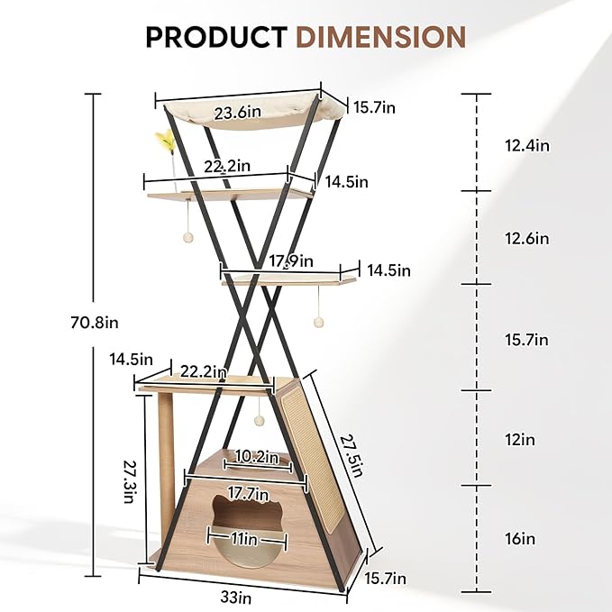 71" Modern Wood Cat Tree for Large Cats - Heavy Duty Tall Cat Tower for Indoor Cats, Multi-Level Cat Furniture with Spacious Condo, Large Perch, Scratching Posts & Hammock(Washed Grey)