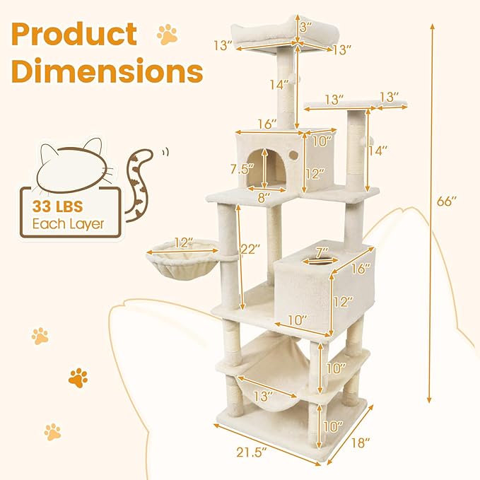 Tangkula 66 Inch Tall Cat Tree, Multi-Level Cat Tower with Sisal Scratching Posts, 2 Condos, Plush Perch, Hammock, Basket, Dangling Toys, Cat Climbing Furniture for Indoor Cats (Beige)