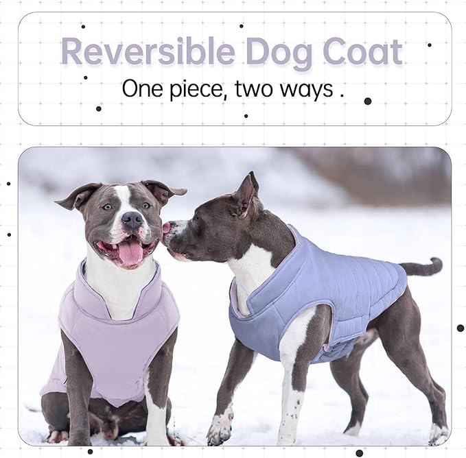 Lelepet Reversible Dog Coat Waterproof Dog Jacket Windproof Puffer Vest for Winter Warm Lightweight Coats for Medium Dogs Adjustbale Hook & Loop Pet Apparel with Leash Hole, French Bulldog, Purple L