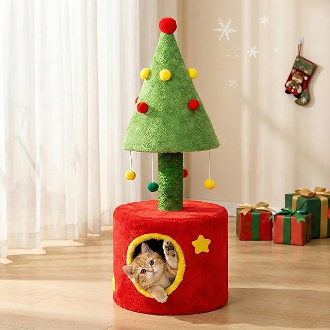 Christmas Themed 30in Cat Scratching Post with Cozy Hideaway Cat House - Small Cat Tree Tower for Indoor Kitten/Cat, Sisal Post, Interactive Hanging Balls, Festive Red & Green Home Decor