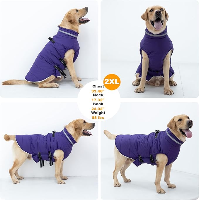 Mklhgty Large Dog Coat with Harness Built-in, Waterproof Reflective Fleece Lined - Warm Windproof Winter Jacket with Back Zipper, Cold Weather Snow Dog Coats - Purple - XL