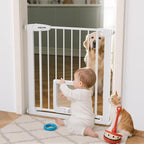 30 Inch Tall Dog Gate with Cat Door, Adjustable Width (29.7-57 Inches) for Doorways, Hallways & Stairs, Pressure-Mounted Walk-Through Dog Gate with Auto-Close & Double Lock Safety（White）
