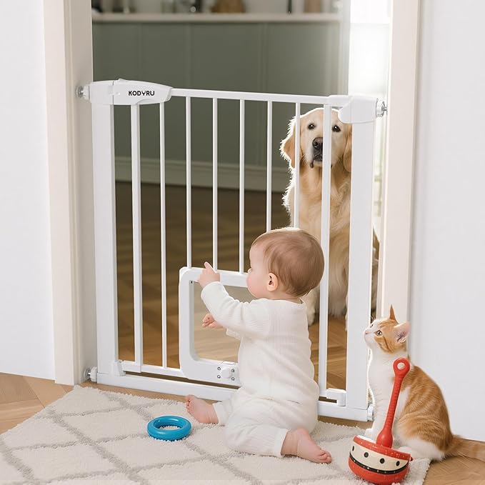30 Inch Tall Dog Gate with Cat Door, Adjustable Width (29.7-57 Inches) for Doorways, Hallways & Stairs, Pressure-Mounted Walk-Through Dog Gate with Auto-Close & Double Lock Safety（White）