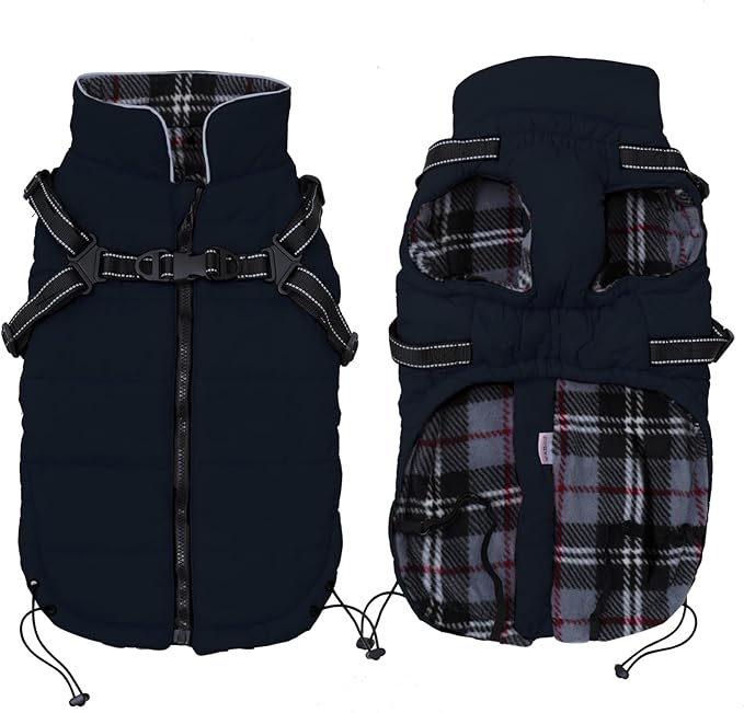 Geyecete Winter Warm Coat Waterproof Dog Winter Jacket with Harness Traction Belt,Pet Outdoor Jacket Dog Autumn and Winter Clothes for Medium, Small Dog-Navy-XS