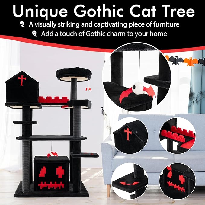 Tangkula Gothic Cat Tree, 49 Inch Black Cat Tower with Coffin Bed, 2 Condos, Scratching Posts, Bat Pompom Balls, Perch, Halloween Pet Furniture, Spooky Goth Cat Tree for Indoor Cats