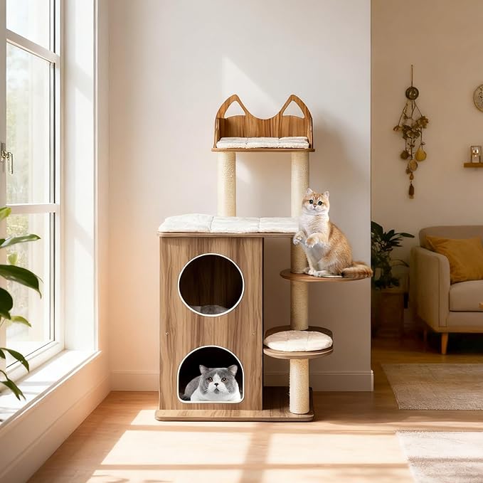 PETSITE 48-inch Wooden Cat Tree, Multi-Level Modern Cat Tower with Sisal Scratching Posts, Double-Layer Condo, Cute Top Perch, 3 Jumping Platforms with Washable Detachable Cushions