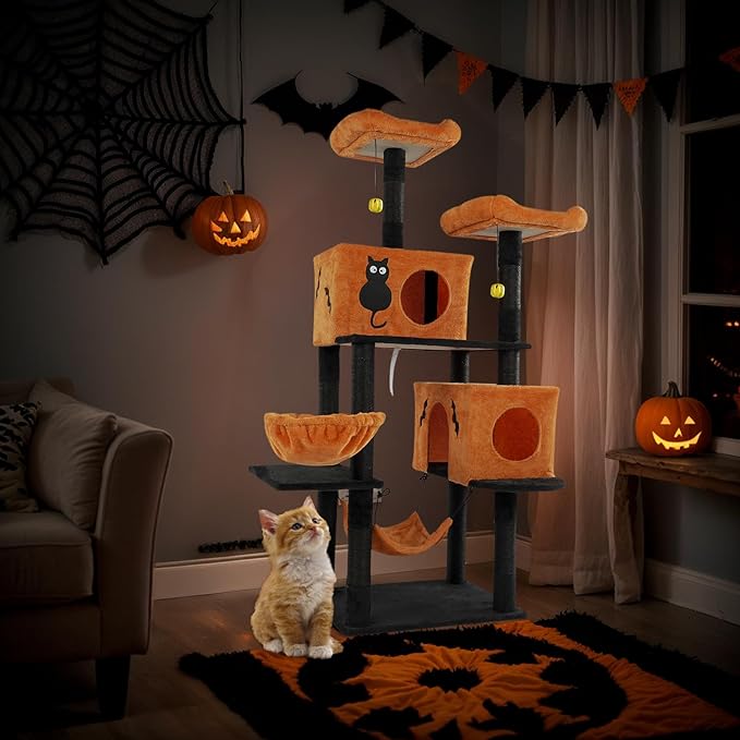 61" Halloween Cat Tree for Large Cats, Spooky Themed Cat Tower with 2 Condos, 2 Padded Perches, 2 Cozy Hammocks & Scratching Posts, Multi-Level Playhouse with Hanging Toy, Black & Orange