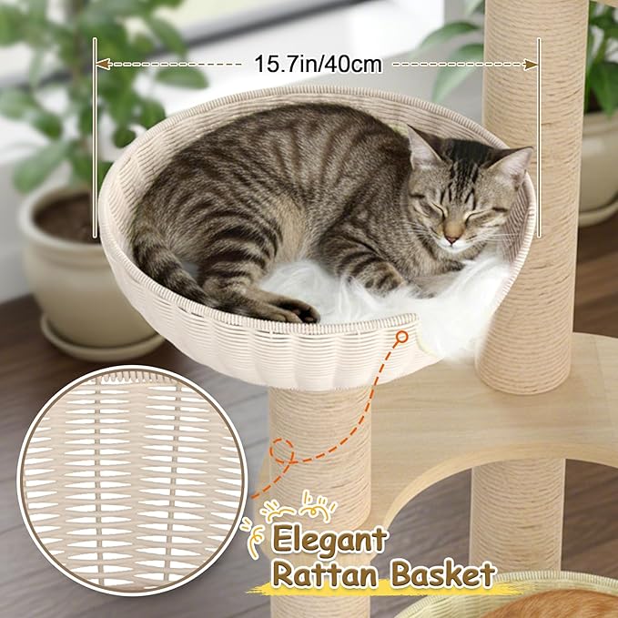 Tinnmao 53'' Solid Wood Cat Tree for Large Cats, Natural Sisal Scratching Post, Hand Woven Rattan Basket, High-end Luxury Design with Washable Plush Pad, Easy to Clean