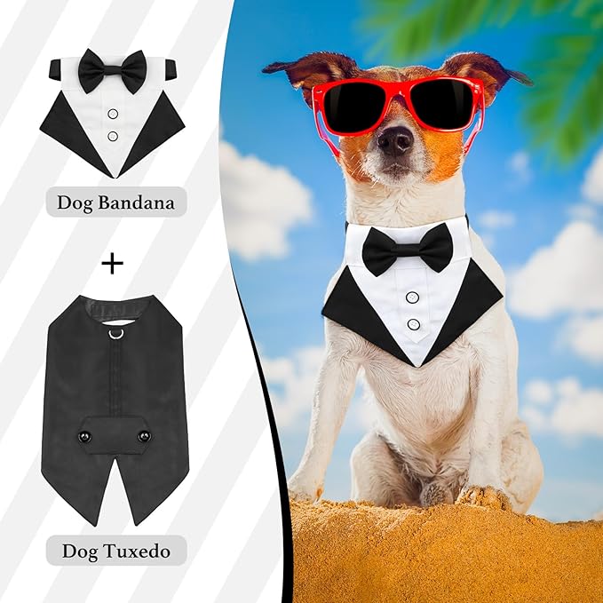 Dog Tuxedo, Formal Dog Wedding Attire Pet Costume Pet Suit and Bandana Set, Waterproof Bithday Party Bow Tie Collar Outfit Puppy Tux (Small)