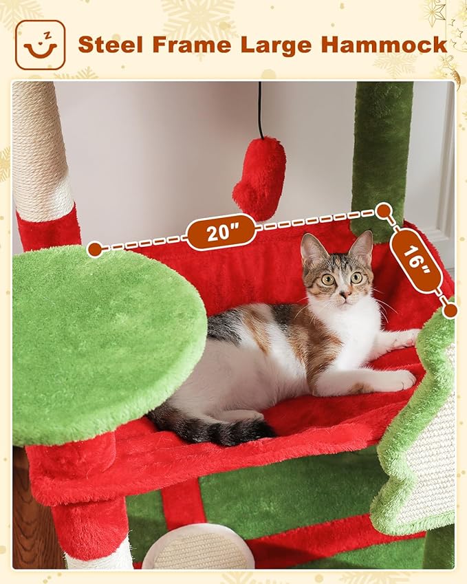PEQULTI Christmas Cat Tree for Large Cats with Metal Frame Big Hammock, Cat Tower for Indoor Cats with 2 Door Condo House, [56.3"=143cm] Multi-Level Cat Shelves with Scratching Posts and Top Perch