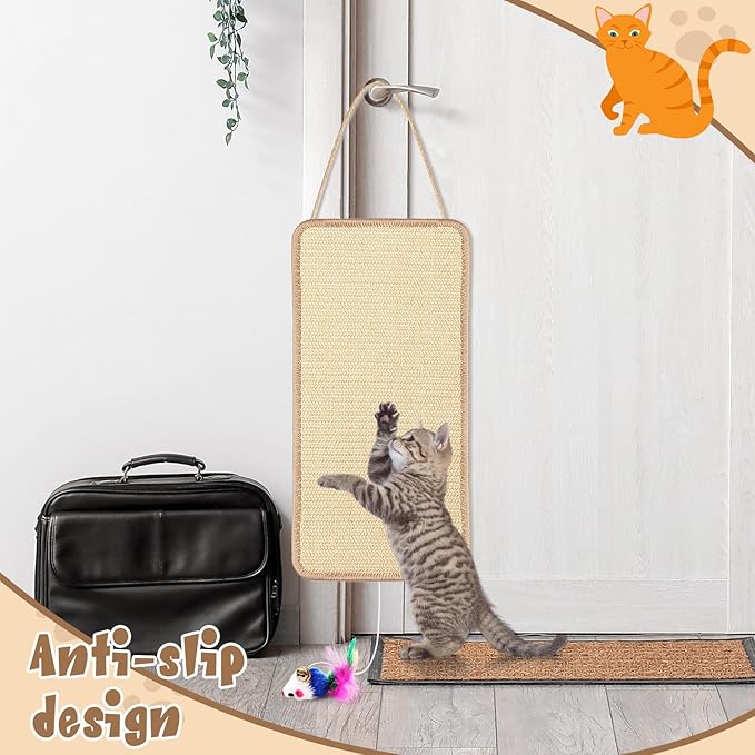 2 Pack Cat Door Toy 7.87"x19.69" Sisal Door Cat Scratching Mat with a Mouse Play Toys Double Use Hanging Scratcher Wall Floor Mount Kitty Scratching Pad for Indoor Kitten with Hemp Rope