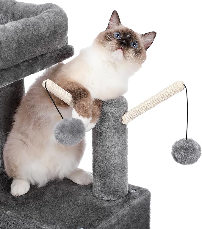 Cat Tree, Multi-Level Cat Tower for Indoor Cats, Cat Climbing Tree Condo with Sisal Covered Scratching Posts, Deep Hammock and Interactive Cat Toy, Gray