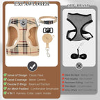EXPAWLORER Plaid Small Dog Harness and Leash Set with AirTag Holder - No Pull Soft Padded Step in Dog Vest Harness Medium Sized Dog, Reflective Puppy Harness, Collar and Leash for Walking, Khaki S