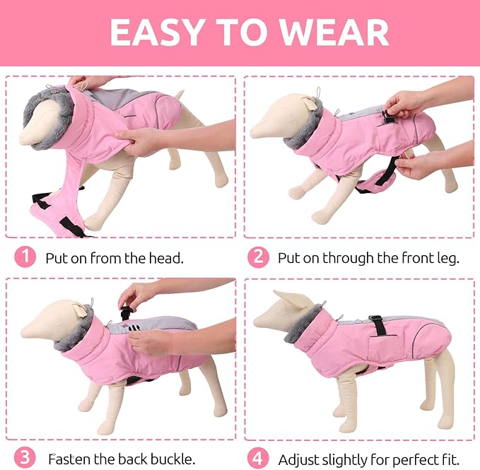 Queenmore Large Dog Cold Weather Coats, Fleece Collar Dog Apparel for Winter, Thick Dogs Snowsuit, XXL Pet Jackets Winter with Quick Release, Pink, XXL