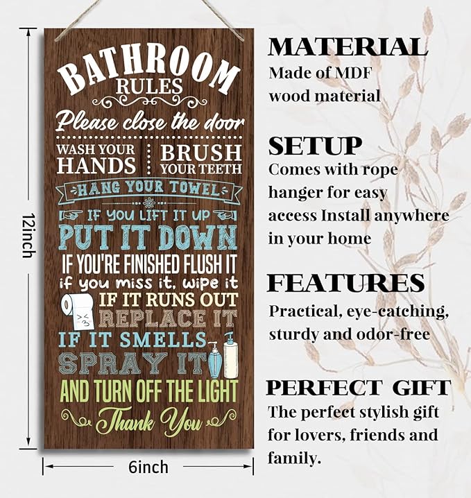HALUOSI Humorous Wooden Bathroom Sign, 12 x 6 inches, Brown, Rustic Style, Wall Mount