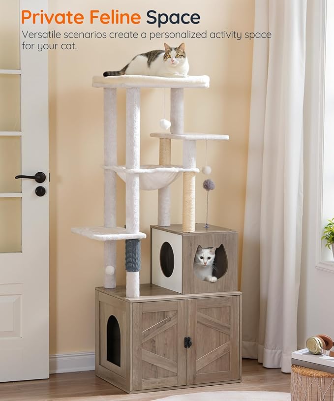 HOOBRO Cat Tree with Litter Box Enclosure, Tall Cat Tower for Indoor Cats, All-in-One Modern Cat Condo, Hidden Litter Box Enclosure Furniture, with Cat House, Sisal Posts, Greige and White BG51MZ03