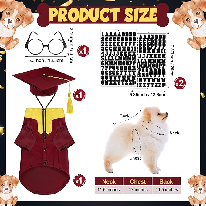 5 Pcs Dog Graduation Costume Set Include 2026 Pet Graduation Gown with Stole Puppy Grad Cap Lensless Glasses DIY Letter Stickers for Dogs Cats Holiday Costume Accessory(Maroon Yellow,S)
