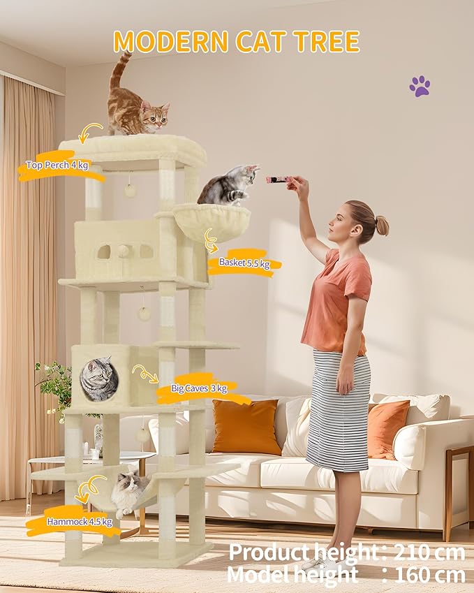 Cat Tree, 82.6" Large Cat Tower for Indoor Cats, Multi-Level Cat House with Condo, 8 Scratching Posts, Hammock, 4 Pom Poms, Beige MS21018YL