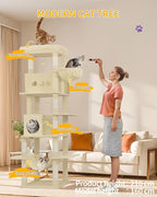 Cat Tree, 82.6" Large Cat Tower for Indoor Cats, Multi-Level Cat House with Condo, 8 Scratching Posts, Hammock, 4 Pom Poms, Beige MS21018YL