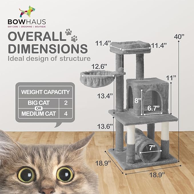 Tall Cat Tree for Indoor Large Cats or Kittens, Multi-Level Cat Activity Tree with Scratching Posts, Hammock, Cat Cave Condo, Modern Cute Small Cat Climbing Tower with Widened Perch