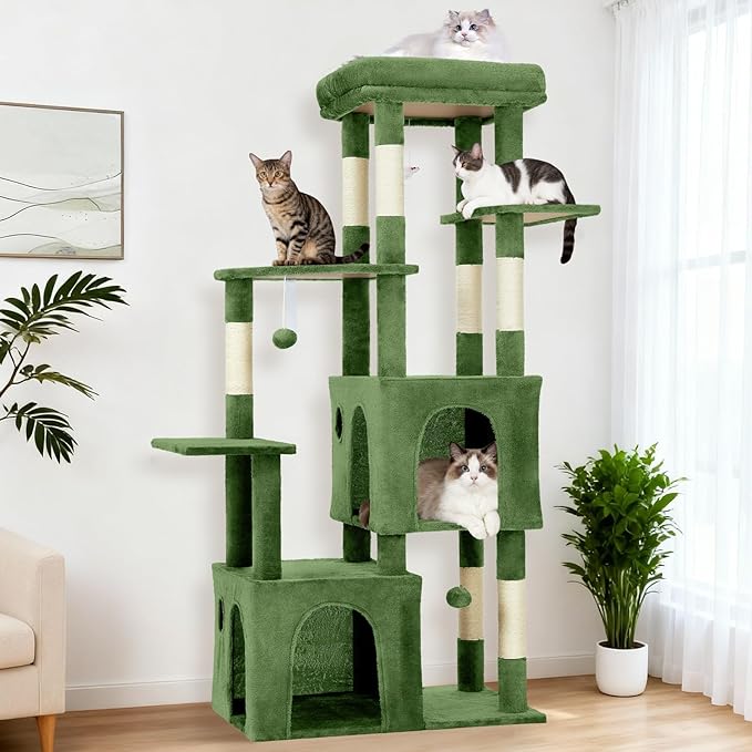 61" Large Cat Tree Tower for Indoor Cats, Heavy-Duty Multi-Level Cat Condo for Maine Coon & Big Cats with Extra-Large Perch, 2 Spacious Houses, Sisal Scratching Posts & Hanging Toys - Green