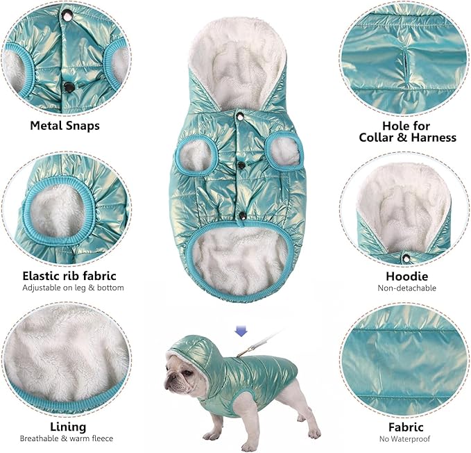 Dog Fleece Hoodie, Windproof Waterproof Dog Coat, Cold Weather Pet Apparel Clothes Vest for Small Medium Large Dog (2XL, Mintgreen)