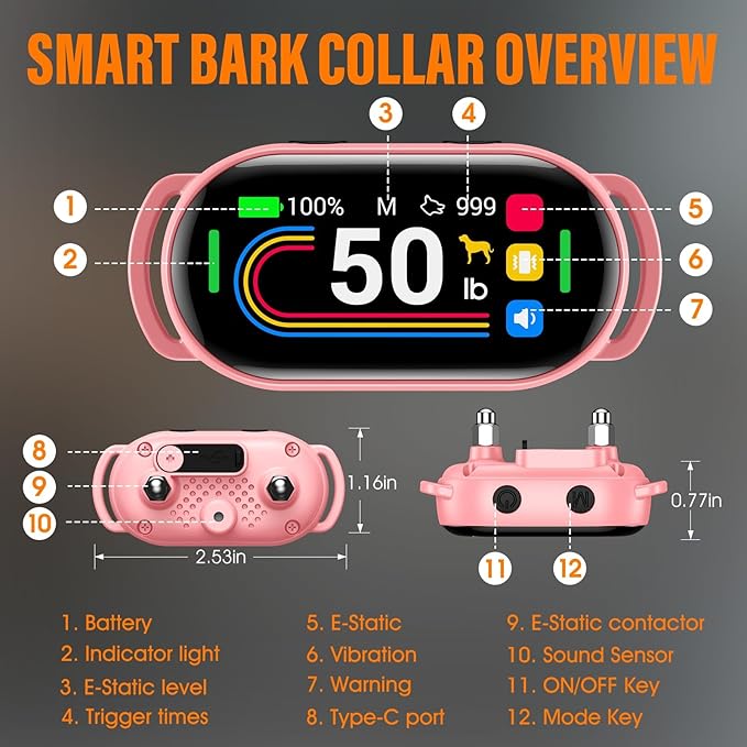 Smart Dog Bark Collar for Small Medium Large Dogs 10-100lbs, Humane Anti-Bark Device with Anti-False Trigger Gravity Sensor & Bark Count Tracking, 4 Modes & 8 Levels to Effectively Stop Barking