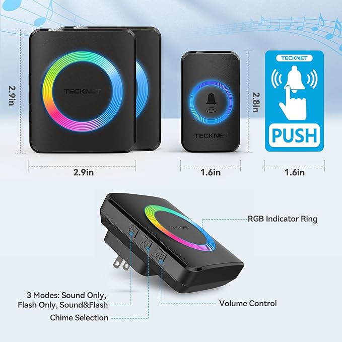 TECKNET Wireless Doorbell with 2 Plug-in Receivers, IP65 Waterproof Doorbells for Home, 1300ft Operating Range, 60 Melodies & 5 Volume Levels of 0-120 dB, RGB Light for Hearing Impaired