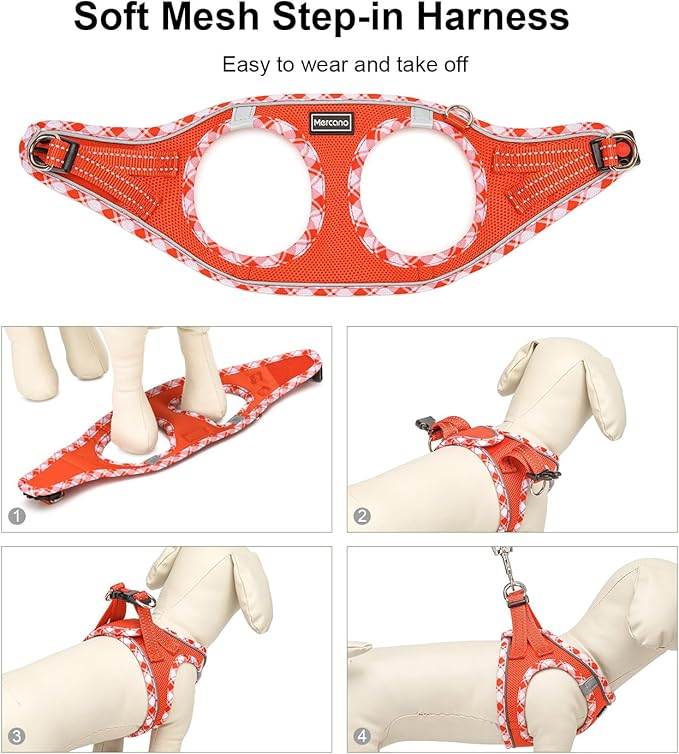 Mercano Soft Mesh Dog Harness and Leash Set, No-Chock Step-in Reflective Breathable Lightweight Easy Walk Vest Harnesses with Safety Buckle for Small Dogs, Cats (Tangerine, S)