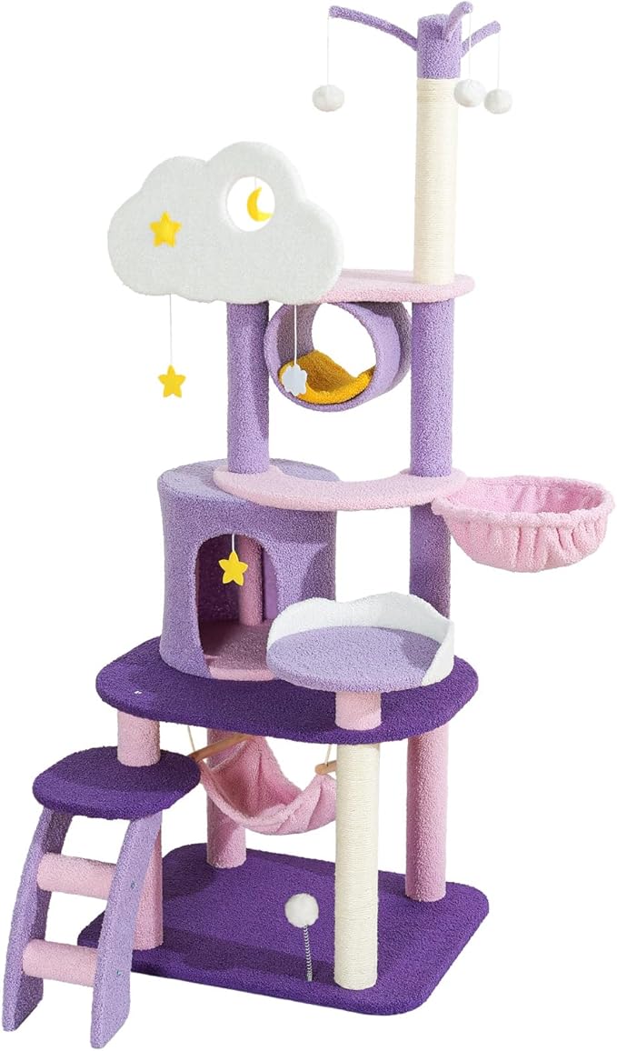 Lucky Monet Cute Cat Tower 65 Inches, Unique Cat Tree Large Tall for Indoor Cats, Purple Pink Cloud Big Cat Tree Cat Castle Mansion Condo for Large Cats Activity Trees with Scratching Post Hammock