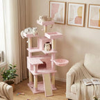 Tangkula 65 Inch Tall Pink Cat Tree, Multi-Level Cat Tower with Sisal Scratching Posts & Board, 2 Condos, 3 Plush Top Perches, Adjustable Basket, 3 Hanging Balls for Indoor Cats (Pink)
