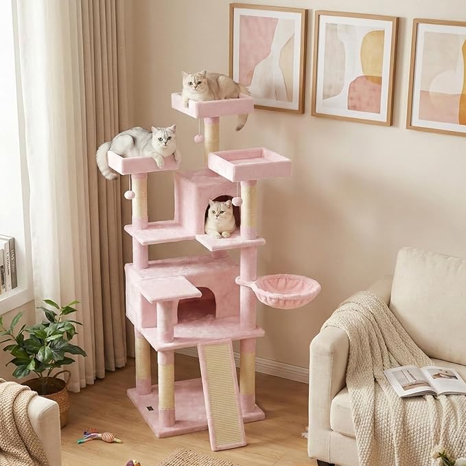 Tangkula 65 Inch Tall Pink Cat Tree, Multi-Level Cat Tower with Sisal Scratching Posts & Board, 2 Condos, 3 Plush Top Perches, Adjustable Basket, 3 Hanging Balls for Indoor Cats (Pink)