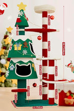 Christmas Cat Tree, Cat Tower for Indoor Cats with 2 Cat Condos, Thickened Cat Scratching Post，Cute Cat Furniture with DIY Christmas-Themed Stickers and LED String Lights