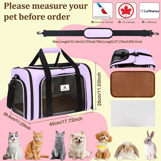 Cat Carrier Dog Carrier - Soft-Sided Cat Carrier with Plush Pad & Cooling Mat, Easy-Load 4-Side Zipper & 3-Side Mesh Ventilation, Pet Carrier Airline Approved for Cats/Dogs Up to 16 lbs, Purple