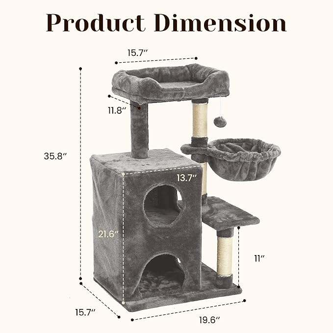Modern Cat Tree with Scratching Posts, Cat Bed, Hammocks & Condos – Multi-Level Cat Tower for Playful Cats, 36" Modern Cat Tree Tower, Grey