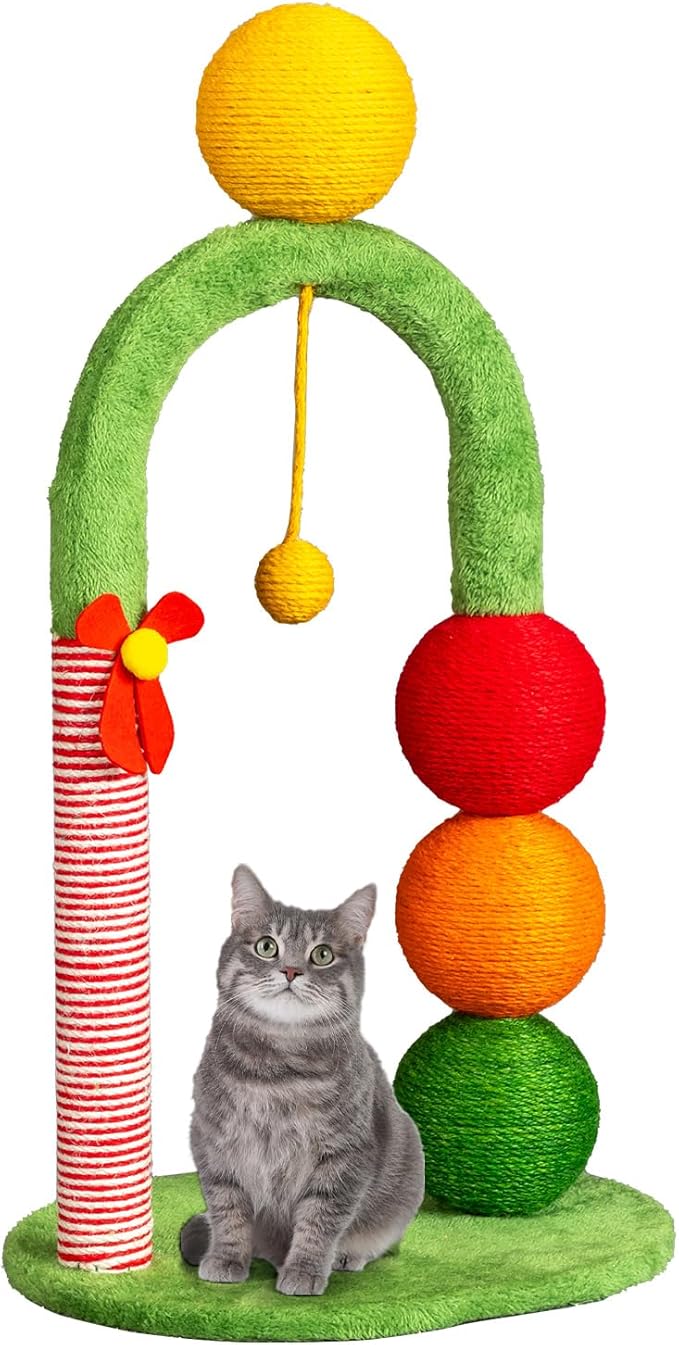 Christmas Cat Tree Tower with Scratching Post, 29 Inch Holiday Themed Cat Furniture with Candy Cane Striped Sisal Post, Dangling Toys, Plush Balls, 15.7x12.6x28.7 Inches