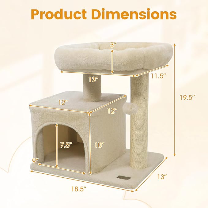 PETSITE 19.5-inch Small Cat Tree, with Sisal Scratching Post, Interactive Hanging Ball, Comfy Condo, and Spacious Top Perch, Ideal for Indoor Cats and Kittens (Beige)