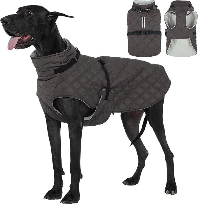 Kuoser Dog Coat Warm Fleece Lining Turtleneck Dog Jacket with Harness Built-in, Windproof Cold Weather Coats with Quick Release Buckle Pet Winter Snowsuit for Extra Large Dogs Great Dane, Grey 3XL