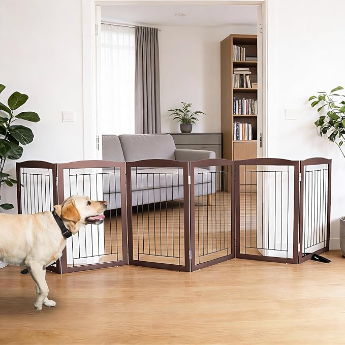 Dog Fence Indoor,Dog Gate Indoor for Doorway pet gate -6-Panel Freestanding, Hallways, House or Stairs -120x32-Inch Retractable Foldable Expandable Wood Pet by SFJC (Brown) ﻿