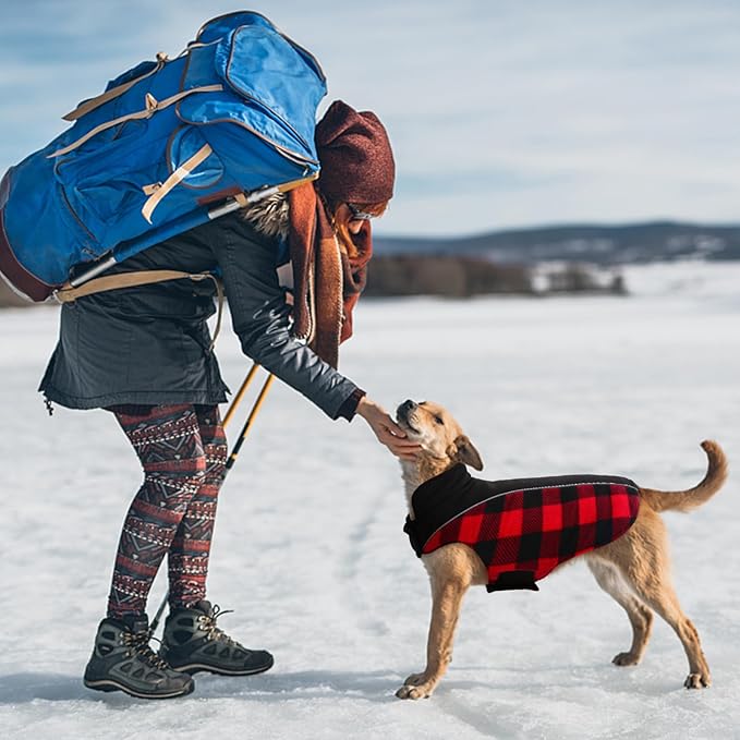 Kuoser Dog Winter Coat, Reversible Waterproof Dog Jacket with Reflective Strip, Warm Dogs Fleece Vest Adjustable Doggy Cold Weather Clothes Plaid Christmas Outfit Pet Apparel for Medium Dogs, Red M