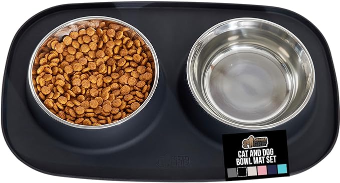 GORILLA GRIP Feeding Mat Bowl Set, 4 Cup 100% Waterproof BPA Free Silicone Base, 304 Stainless Steel Cat and Dog Bowls for Food and Water, Slip Resistant, High Edge, US Designed, Patent Pending, Black