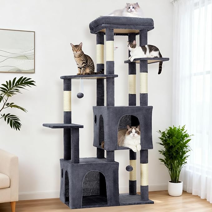 Garvee 61" Multi-Level Cat Tree for Indoor Cats, Heavy-Duty Tower for Large Adult & Maine Coon Cats with Extra-Large Perch, 2 Spacious Condos, Natural Sisal Scratch Posts & Play Toys – Dark Grey