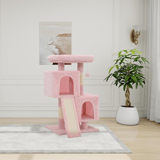 34" Cat Tree Tower Multi-Level Cat Condo with Large Perch, Sisal Scratching Posts and Sisal Ramp for Kittens to Adults Cats, Fits Living Room, Bedroom, Apartments (Pink)