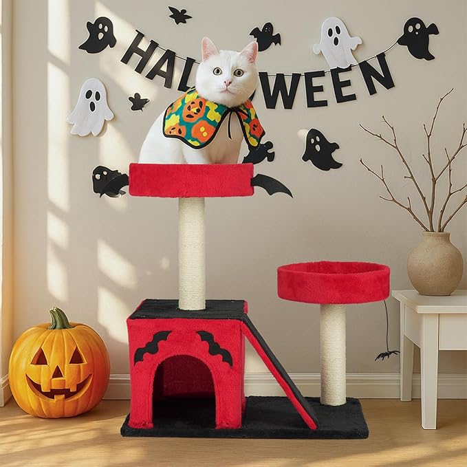 Gothic Cat Tree with Coffin Bed for Indoor Cats, 26" Gothic Cat Tree, Cat Tower with Spacious Cat Condo, 2 Padded Perches, Spider Toy, Scratching Posts, Scratching Ladder for Large Cats, Red & Black