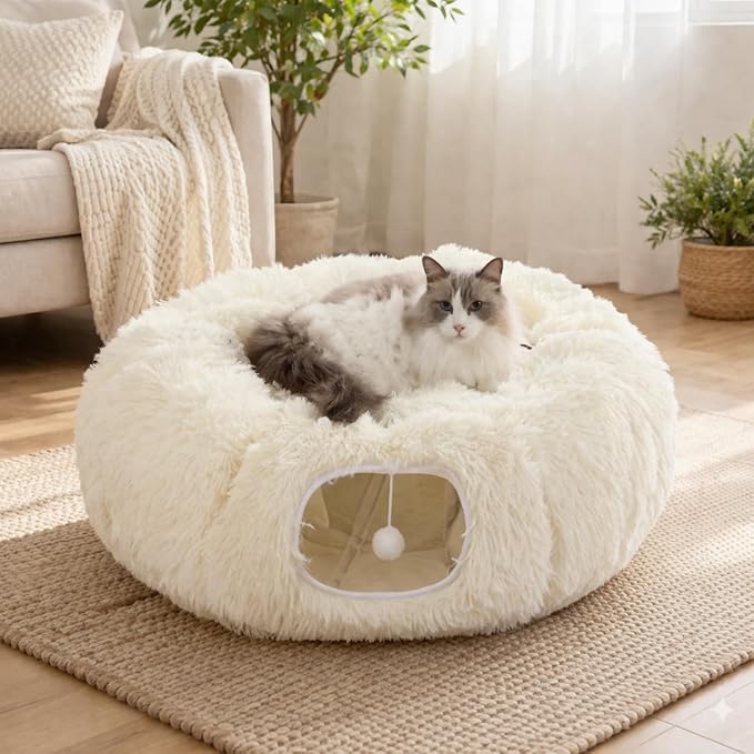 Grelife Cat Tunnel Bed for Indoor Cats, Cute Cat Tunnel Toys, Cat Donut Tunnel Toys with Washable/Removable Cushion, Non-Slip Base, for Cats, Kittens, Small Pets (White)