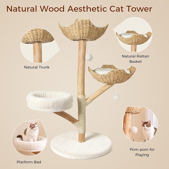 Wood Modern Cat Tree Tower for Large Cats, 47" Tall Cat Climbing Tower with Scratching Post, Luxury Cat Tree for Indoor Cats Large Adult, White